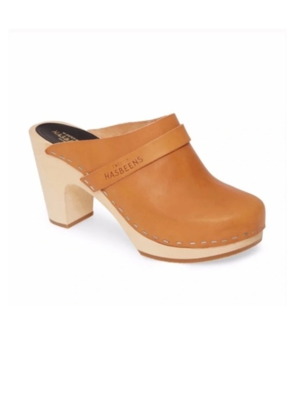 Swedish Hasbeens Husband Clog Tan Leather Wood Platform Women’s Size 11